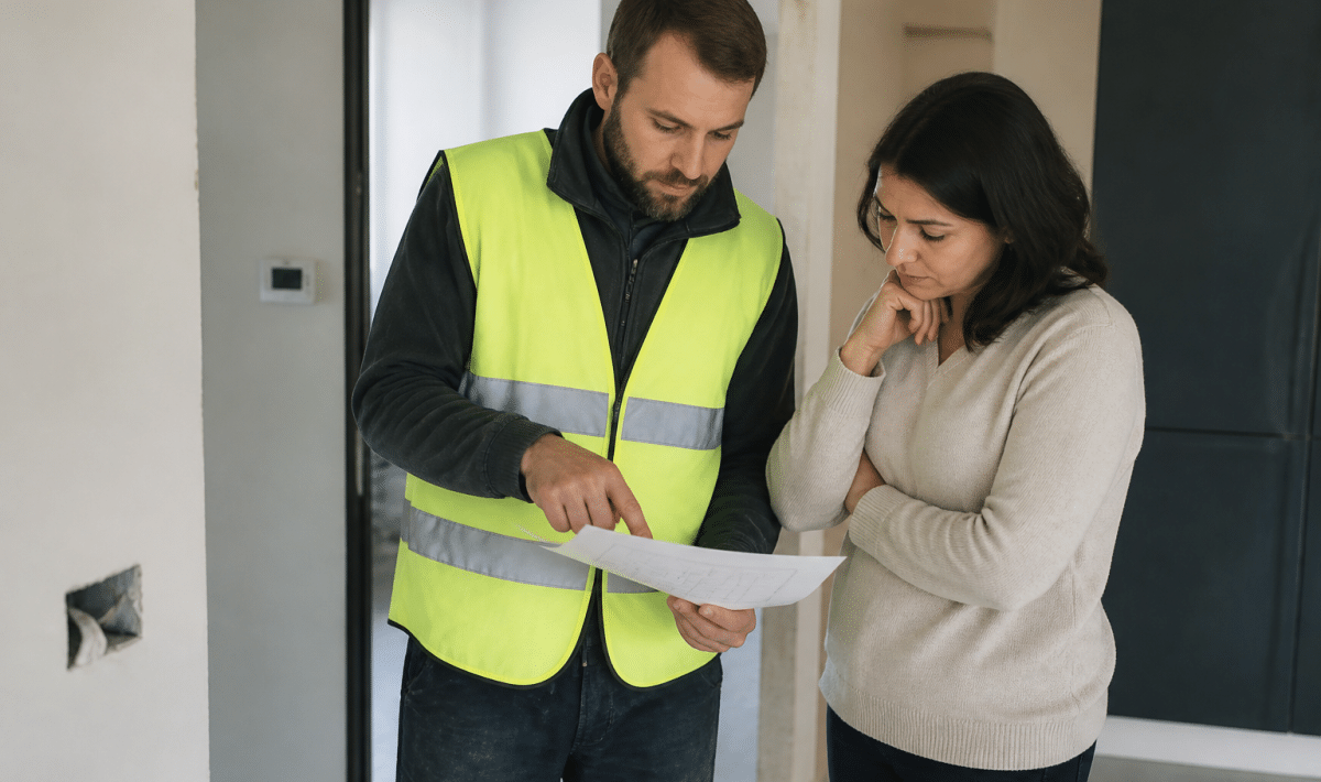 Ouvrier en gilet jaune pointant facture de renovation maison