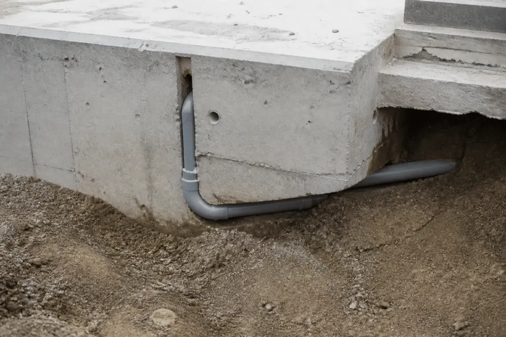 Tuyauterie encastree dans beton et reseau visible en sous-sol