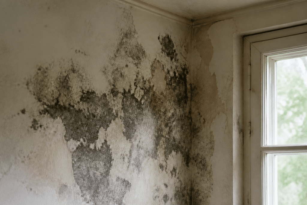 Murs humides avec moisissures dans ancienne maison mal ventilée