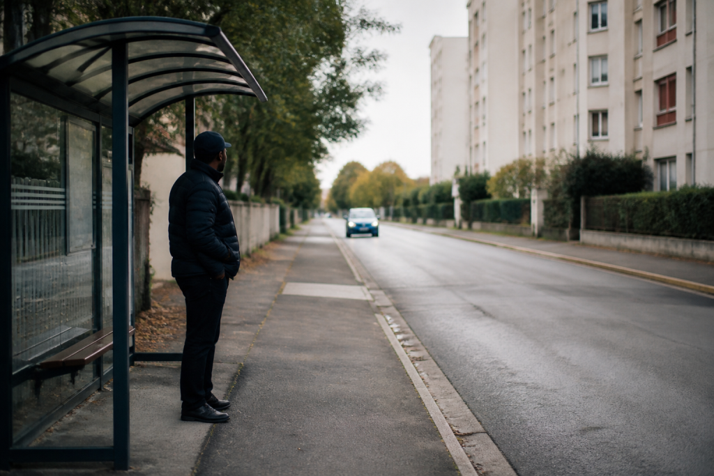 Arret autobus transport urbain rue batiments residentiels