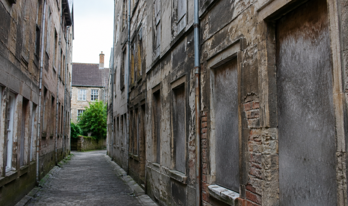 Batiments eleves presentant facades usees et fenetres barricadees en ruelle