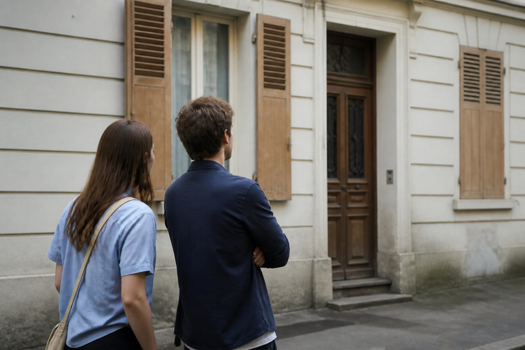 Couple observant facade maison rue residentiel