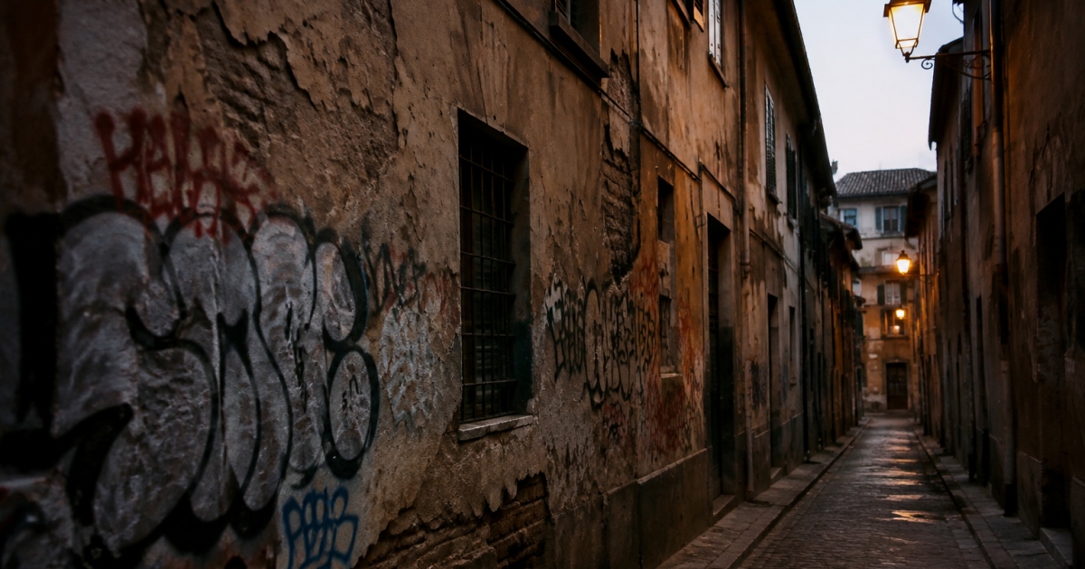 Facades degradees graffitis rue sombre mal eclairee