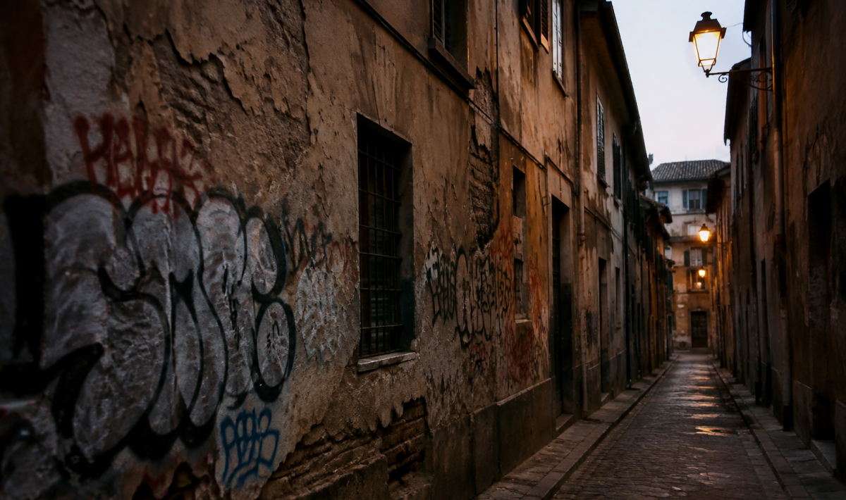 Facades degradees graffitis rue sombre mal eclairee