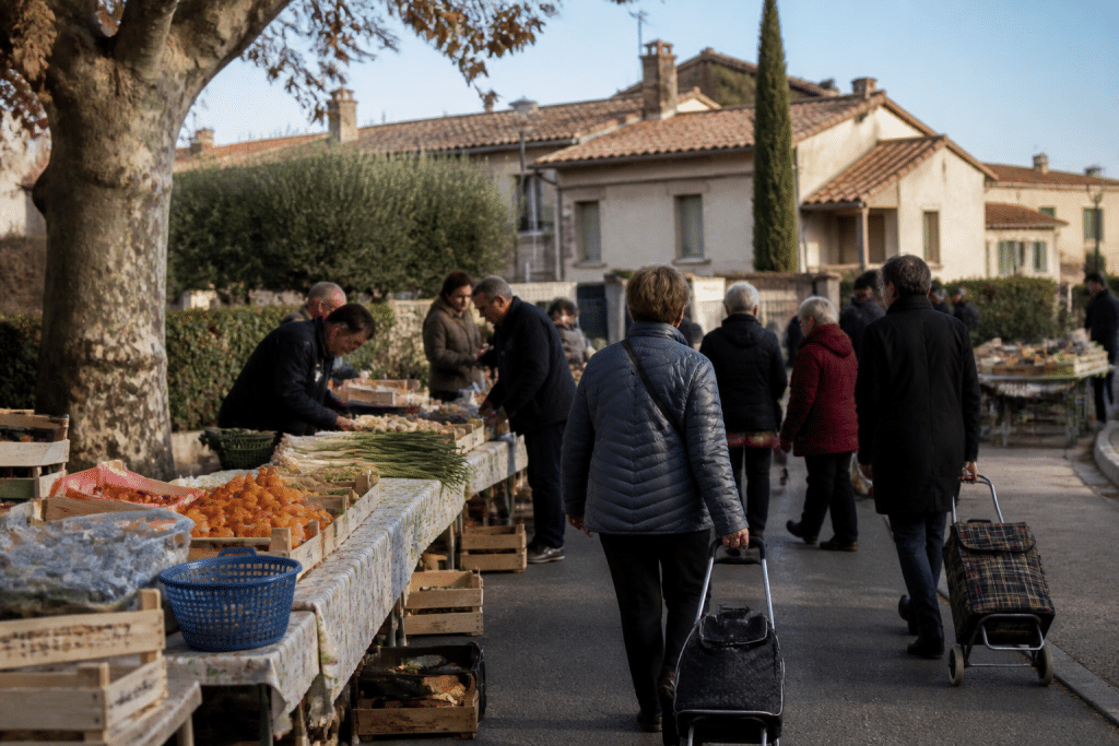 Marche provencal avec commerces et maisons residentielles peripheriques