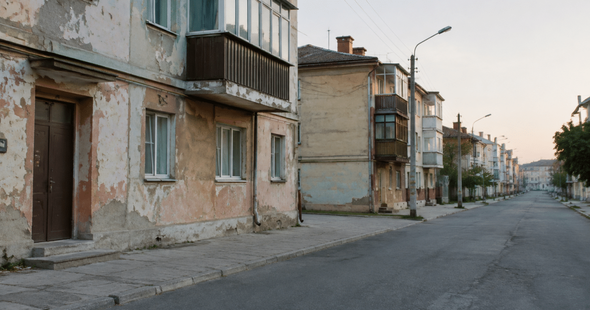 Rue urbaine avec immeubles résidentiels délabérés et rues vides