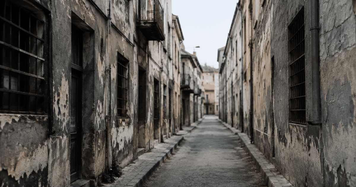 Rues desertes de ville avec batiments delabres et facades grises