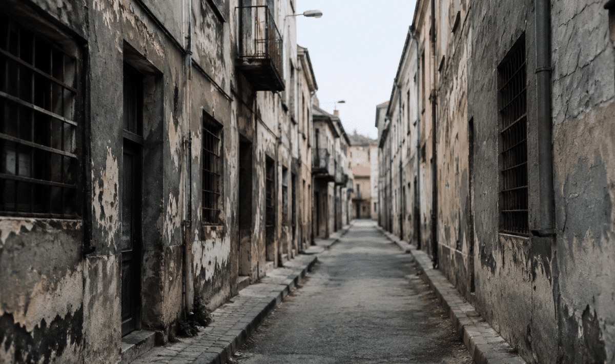 Rues desertes de ville avec batiments delabres et facades grises