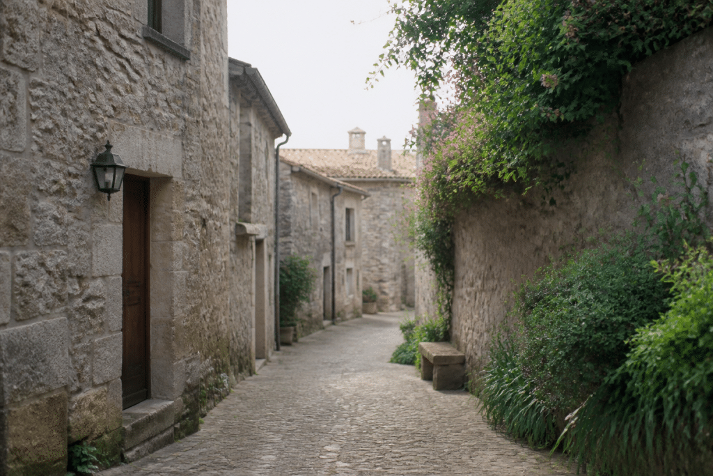 Ruelles pavées anciennes avec maisons pierre et espaces verts