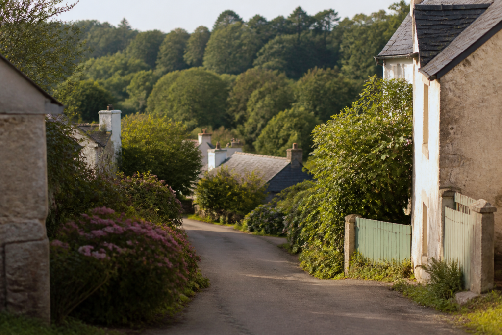 Rue tranquille de village avec maisons et forets
