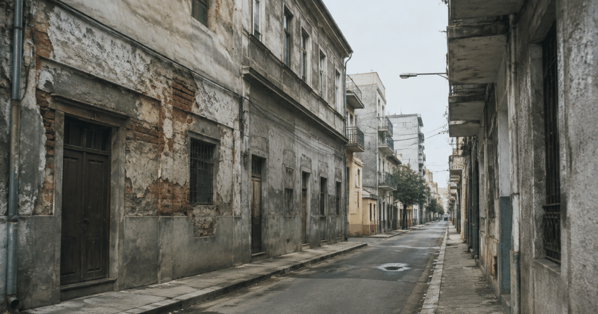 Rue urbaine delabree avec immeubles deteriores et facades grises