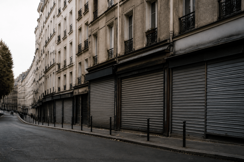 Rue urbaine avec immeubles résidentiels et commerces fermés