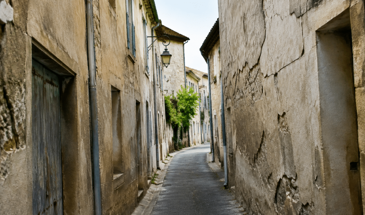 Rue etroite avec immeubles delabres et facade fissuree a Sorgues