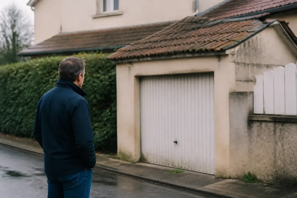 Acheteur inspectant petit batiment residence rue calme