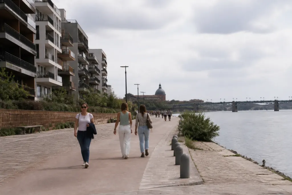 Berges de la Garonne avec immeubles modernes et promeneurs