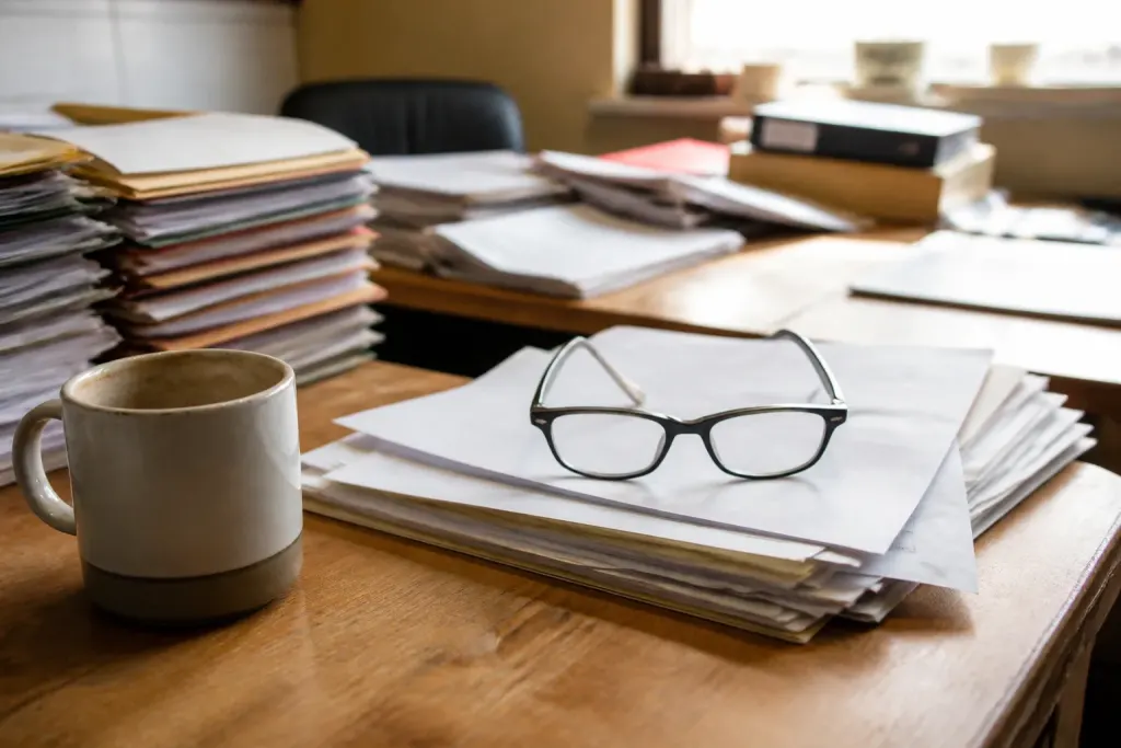 Bureau avec documents officiels, lunettes et tasse de cafe
