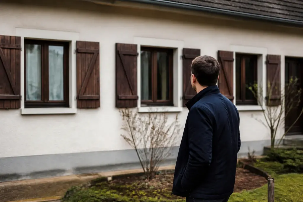 Visiteur examine facade maison lors visite