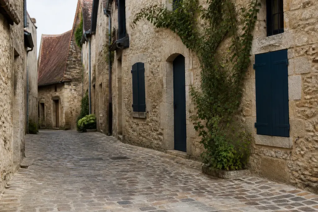 Facades anciennes et rues pavees d'une petite ville