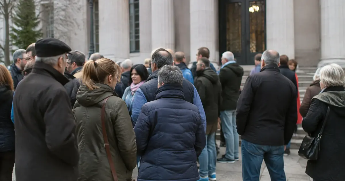 Foule de residents assembles devant batiment municipal