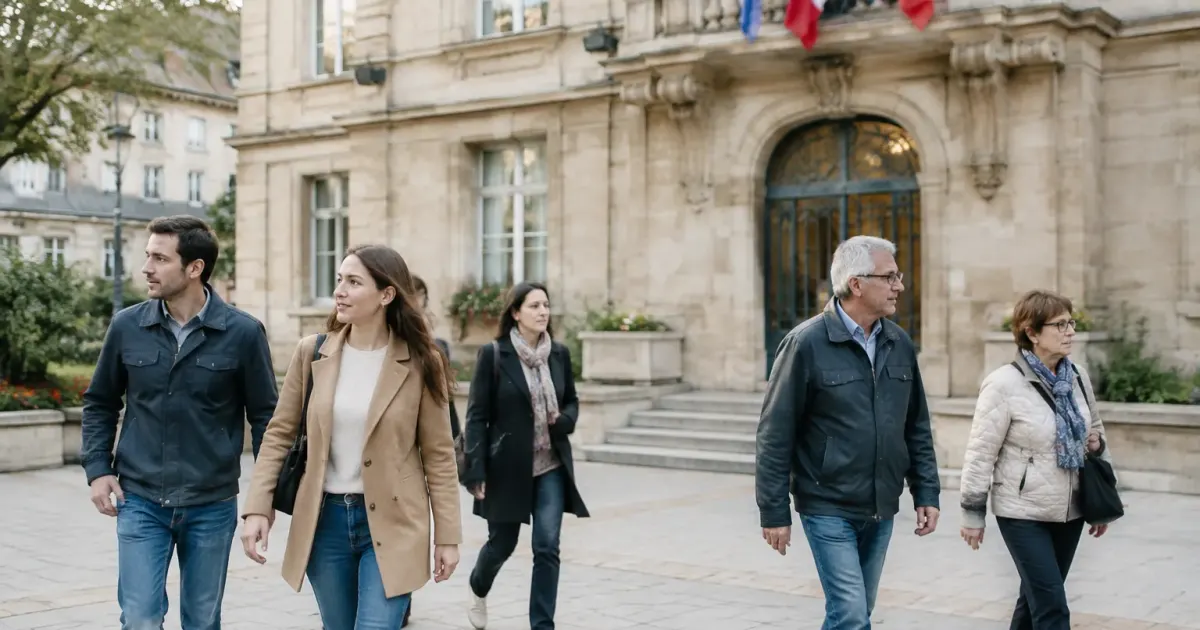 Groupe de passants marchant devant une mairie en pierre