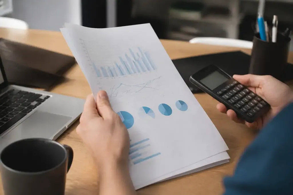 Mains tenant un dossier papier avec graphiques et calculatrice