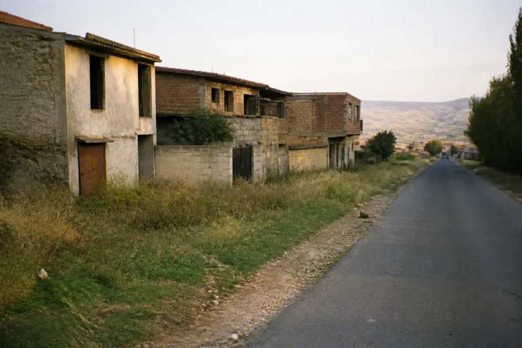 Maisons serrees sur plaine bordee par une route