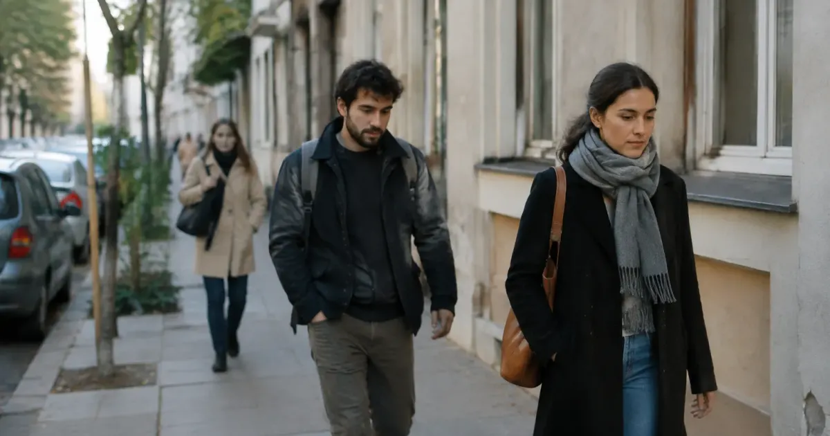 Passants marchant sur trottoir devant immeubles bas
