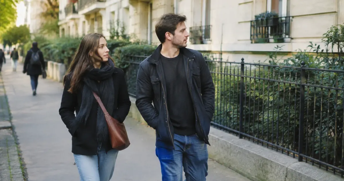 Passants marchant sur trottoir devant immeubles residentiels