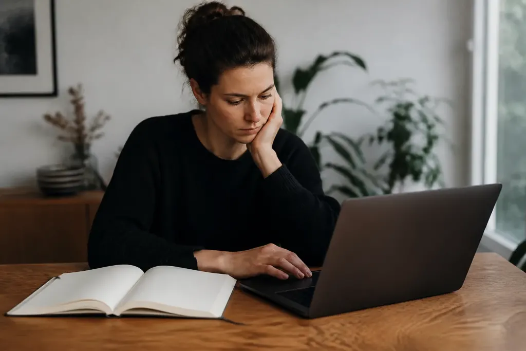 Personne consultant un ordinateur portable et un carnet ouvert