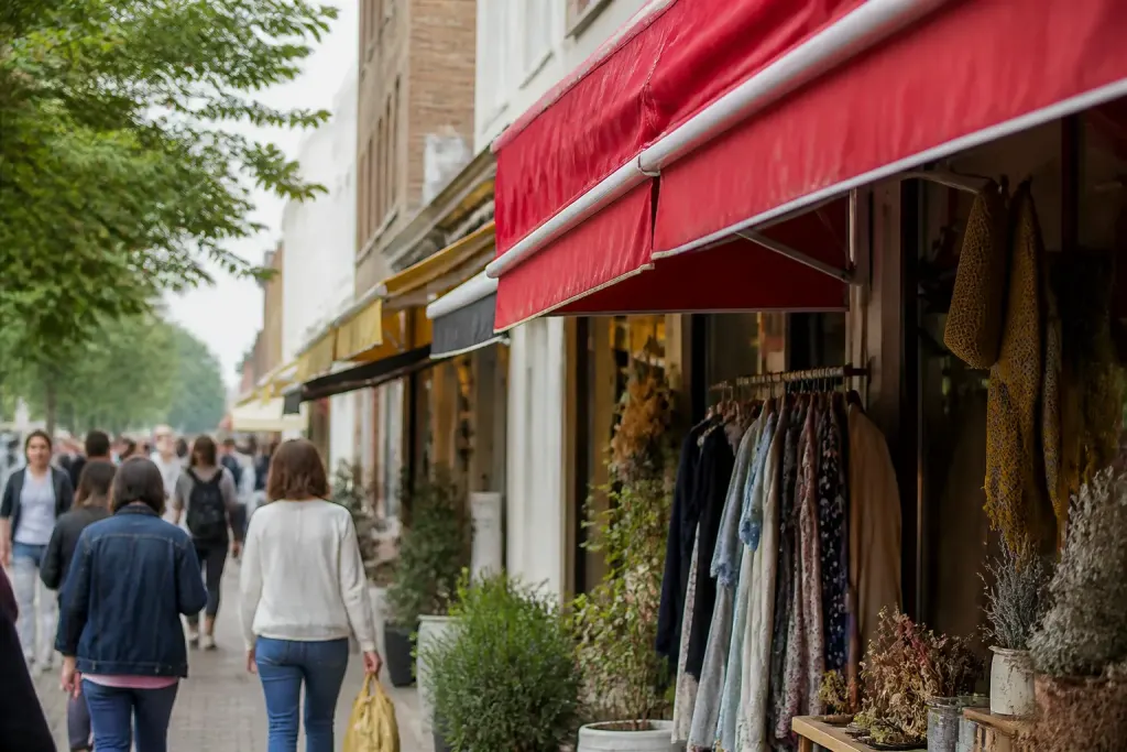 Petites boutiques alignees sur rue animee avec auvent rouge