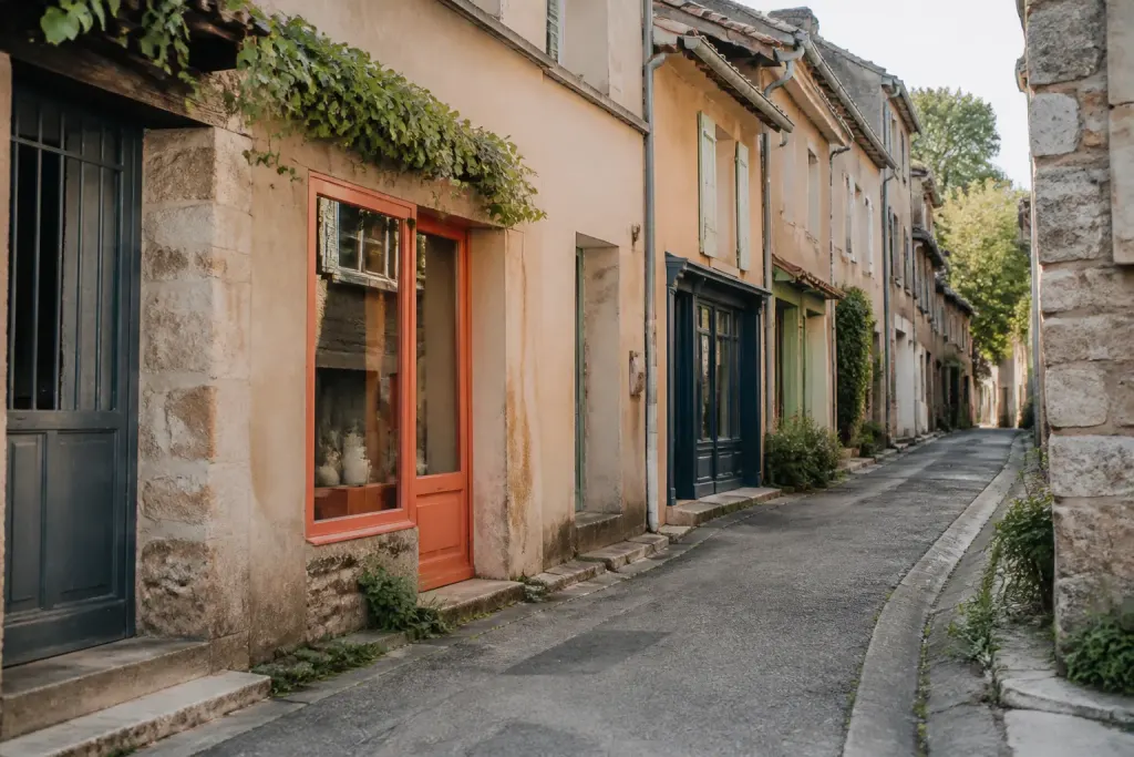 Petites maisons rue tranquille avec petits magasins