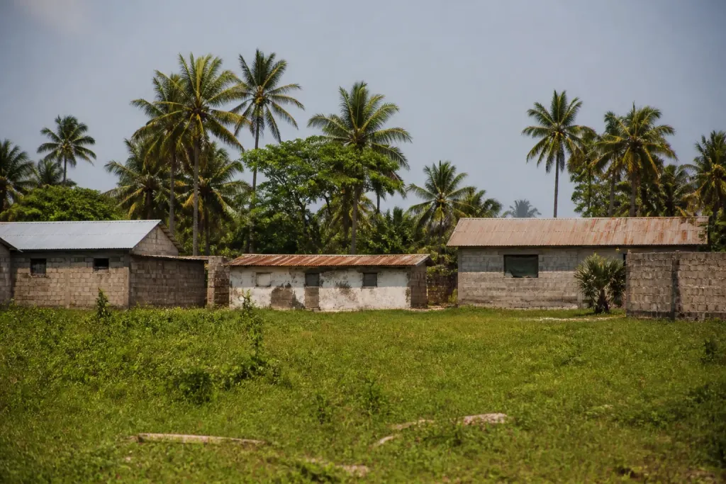 Plaine cotiere bordee de maisons et cocotiers