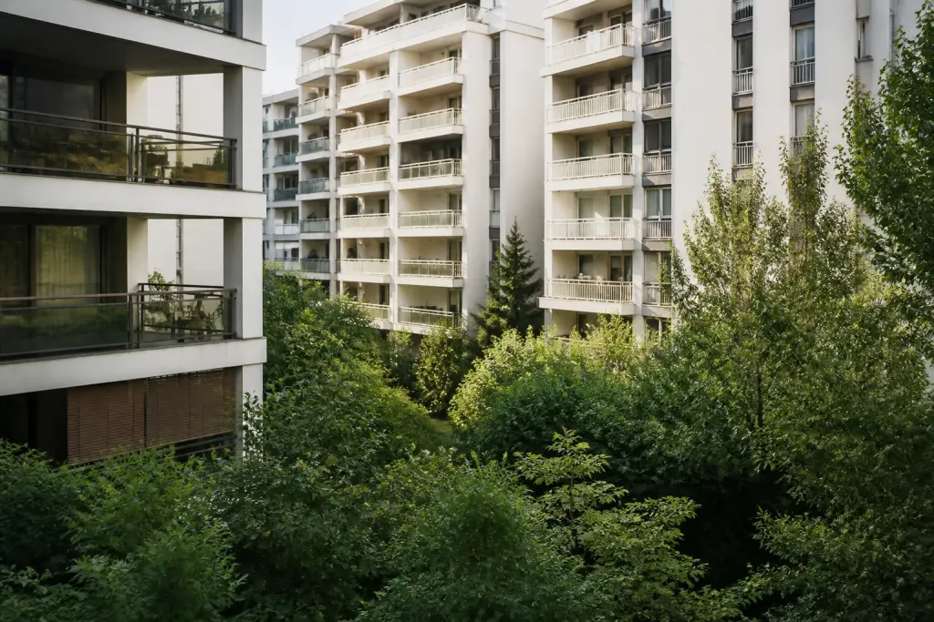 Quartier residentiel dense immeubles modernes environnes verdure