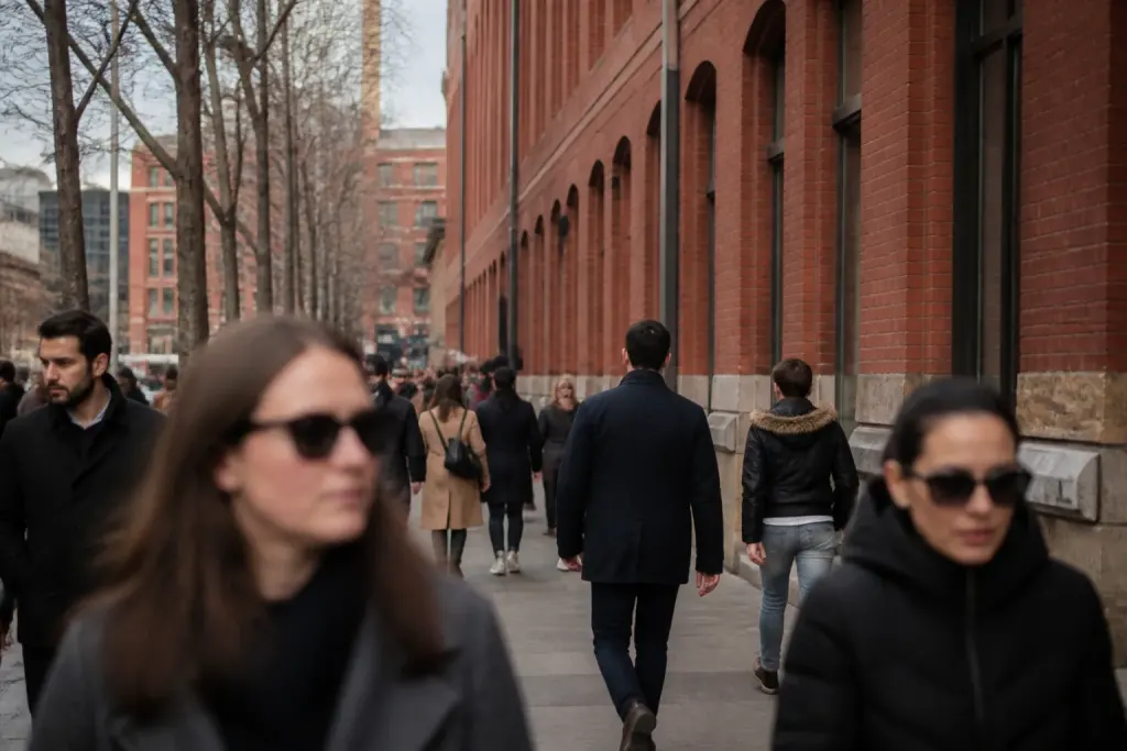 Rue animee avec passants devant immeubles en brique rouge