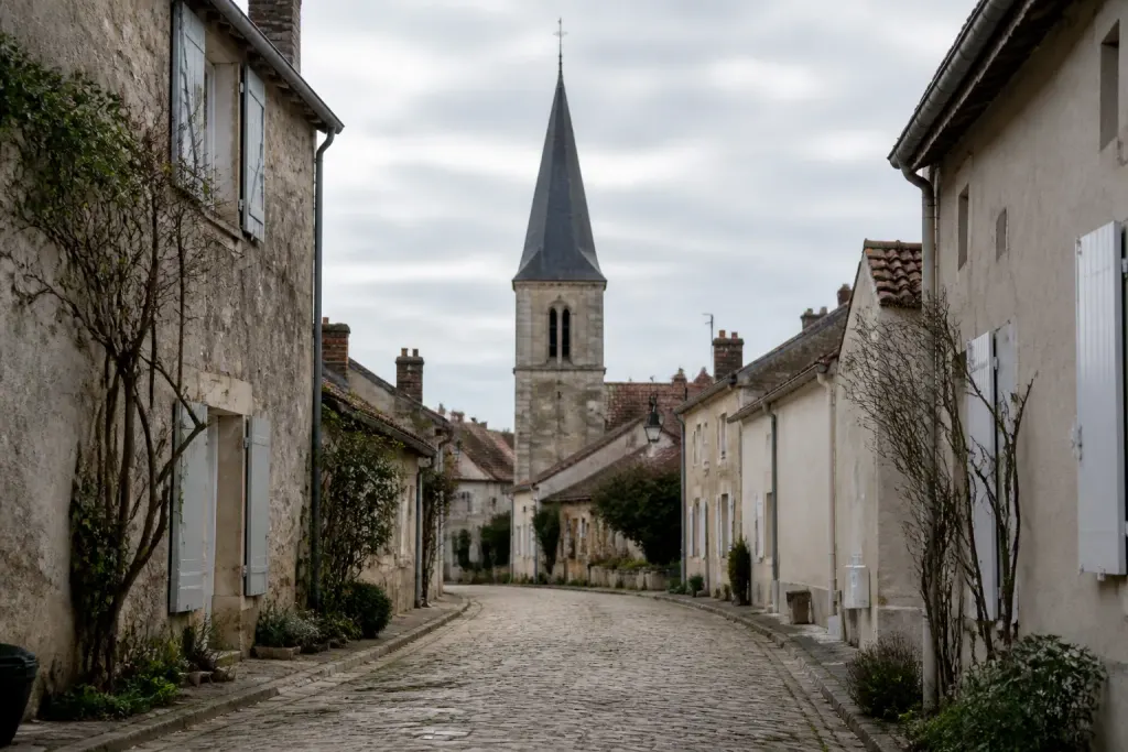 Rue pavee bordee de maisons basses et clocher