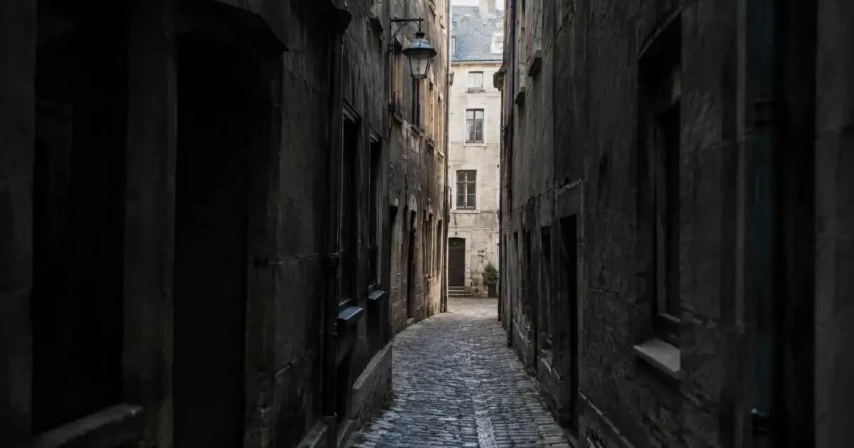 Ruelle pavee etroite encadree de batiments hauts sombres