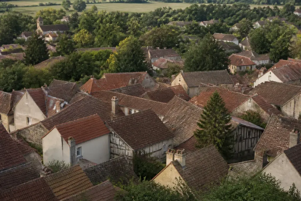 Vue aerienne d'un bourg avec toits rouges et bois